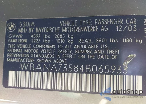 2004 BMW 530I from USA, damaged, VIN WBANA73584B065933